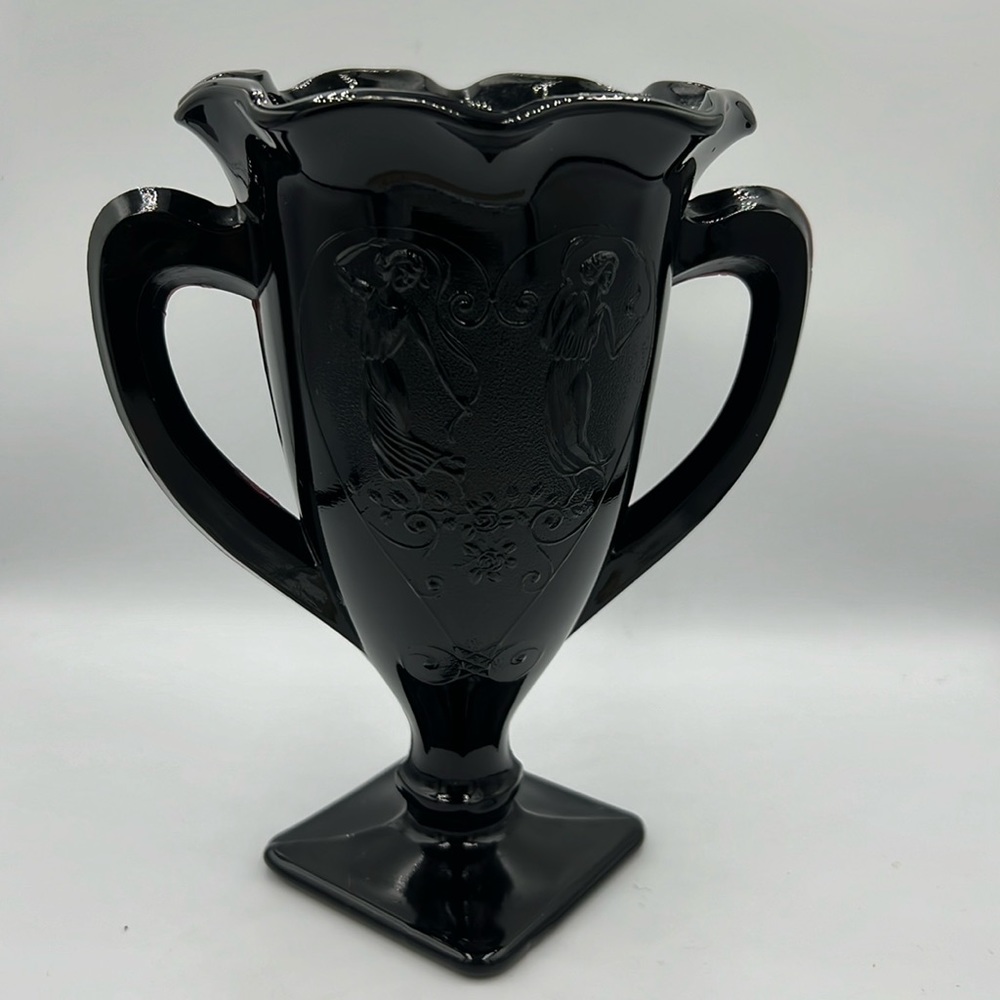1930s LE Smith Black Amethyst Glass Trophy Vase Dancing Nymphs 7”